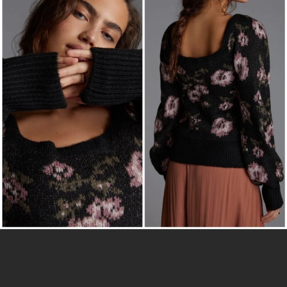 Anthropologie Square Neck Sweater in Black Floral NWT S
